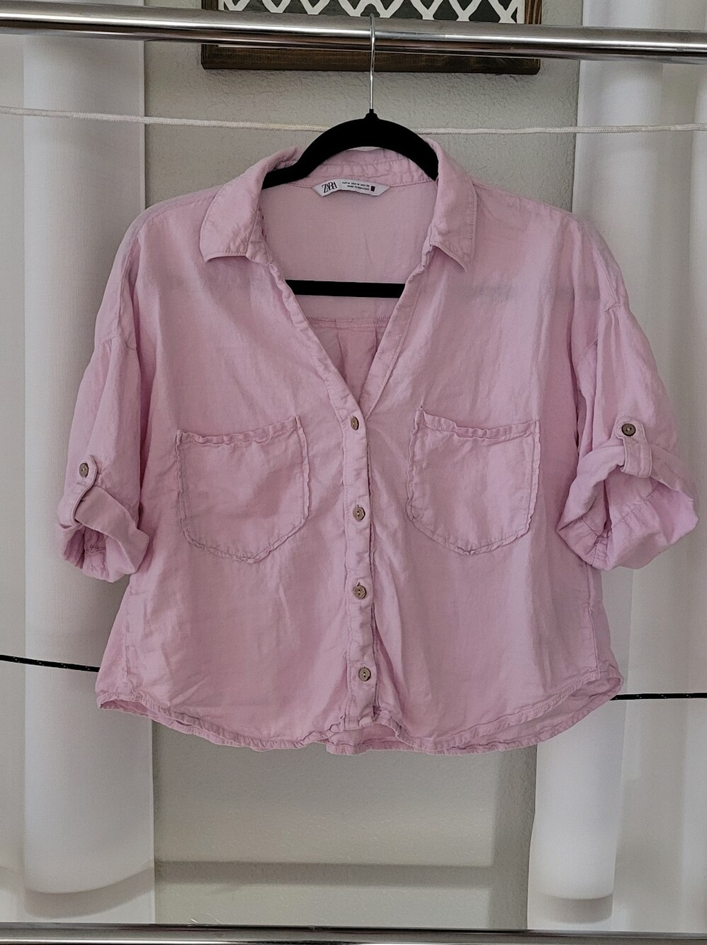 Zara Pale Pink Button-Front Linen Blend Shirt Size M